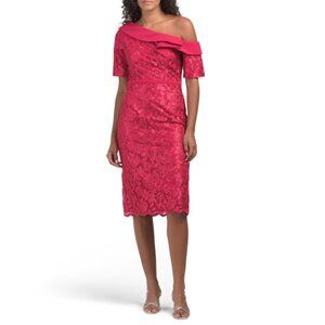JS COLLECTIONS Cerise Short Sleeve One Shoulder Sheath Dress